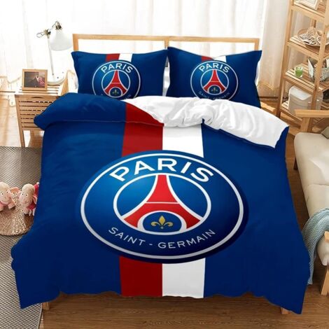 Housse de couette Paris St German PSG – Parure de lit microfibre 220 cm x 240 cm – 2 taies d'oreiller – Fermeture éclair dissimulée