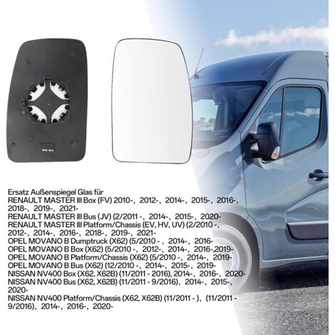 Verre De Rétroviseur Chauffant Asphérique Droit – Compatible Renault Master 2010-2021, Opel Movano 2010-2023, Nissan NV400 2010-2021 + Plaque Support