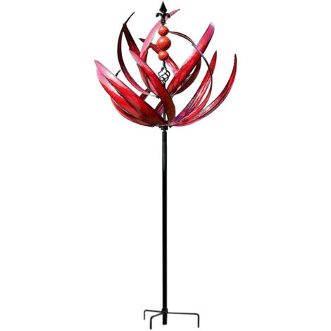 Moulin à Vent en métal Rotatif à 360 degrés pour Jardin, décoration de Jardin en Tige épaisse, Sculpture rotative en Forme de Lotus pour pelouse/terrasse/Jardin – Rouge