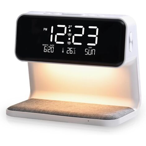 Lampe de chevet tactile avec chargeur sans fil 10W – Réveil lumineux avec 3 niveaux de luminosité – Affichage de la température