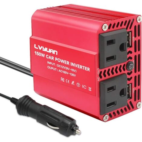 Onduleur de puissance de voiture 150W, 12V à 110V AC, adaptateur de chargeur de voiture avec double USB 3,1a, adaptateur de voiture pour prise et prise rouge (1/5)