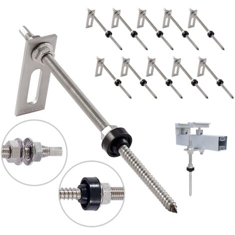 Lot de 10 vis à double filetage avec tôle d'adaptation M10 x 250 mm en acier inoxydable Vis Inox de Fixation Panneau Solaire