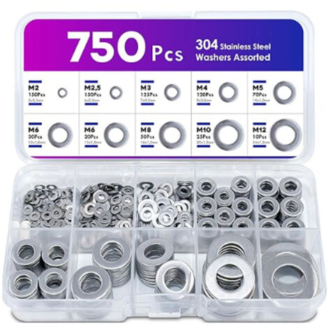 750 Pièces Rondelles Inox, 9 Tailles Rondelles Metal, Rondelle M2 M2.5 M3 M4 M5 M6 M8 M10 M12, Rondelles pour Gonds de Porte, Rondelle Inox pour L\'étanchéité Vis Bagues D\'étanchéité (1/5)