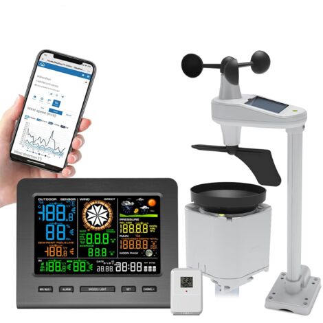 Station Météo Intelligente, Portée De Transmission Sans Fil De 330 Pieds, 12 Modes D'alarme, Avec Pluviomètre Et Vitesse Du Vent, Direction, Température Interne Et Externe, Humidité, Pression Atmosphé (1/5)
