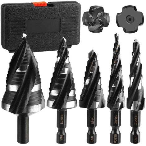 Applicable Jeu de 5 forets étagés à quatre cannelures hélicoïdales for métal, 50 tailles de forets HSS revêtus de titane avec tige hexagonale de 6,35 mm for acier inoxydable, aluminium, bois et plasti (1/5)