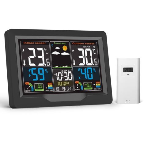 Station Météo Intérieur Extérieur sans Fil avec Capteur, Thermomètre avec Ecran Couleur en 4 Luminosités, Station Météo Radio DCF avec Heure, Température, Humidité, Prévisions Météo, Calendrier