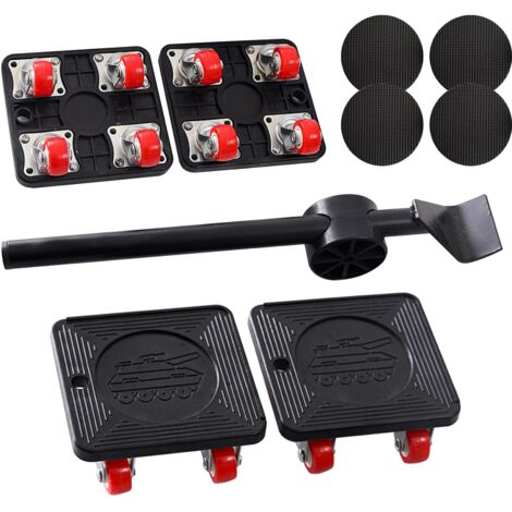 roulettes pour Meubles Set De 9 Pièces Leve Meuble Planche Roulette Demenagement 4 roulettes De Transport 360 Degrés Pivotant Roue PU Pastilles Antidérapantes Barre à Mine Max for 400kg (1/5)
