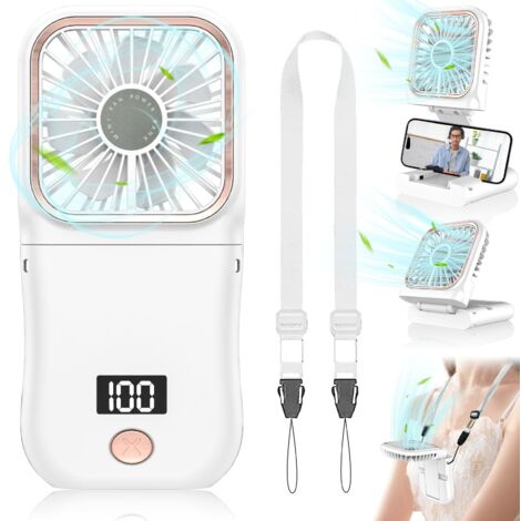 Ventilateur Portable,Ventilateur de Poche à Main,Mini Ventilateur Portatif a Pile Rechargeable avec Affichage LED,Petit Ventilateur Personnel Pliable Hand Fan Pour Bureau,Table,Voyage,Extérieur-Blanc