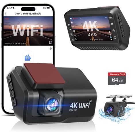 Dashcam voiture avant arrière 4K 1080P – WiFi avec application – Écran IPS 3 pouces – Vision nocturne – Enregistrement continu