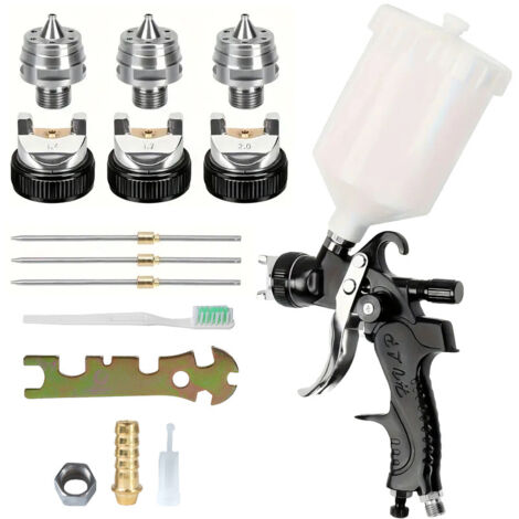 Professionnel Pistolet à Peinture Alimentation par Gravité 3 Buses 1,4mm 1,7mm 2,0mm Coupelle 600cc par gravité Meubles de Voiture Petit Pistolet de réparation (Noir) (1/5)