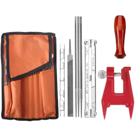 Kit Affutage Chaine Tronçonneuse Universel avec Des Fichiers 5/32" et 3/16" et 7/32", Poignée en Bois, Jauge Profondeur, Guide, Poche D'outil et Pince de Serrage pour Tronçonneuse par (1/5)