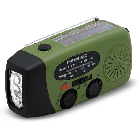 Radio FM Solaire Portable Chargement 2000mAh Dynamo - Poste avec Bouton SOS Urgence - Fonction Torche Eclairage LED - Verte et Noire - 477216