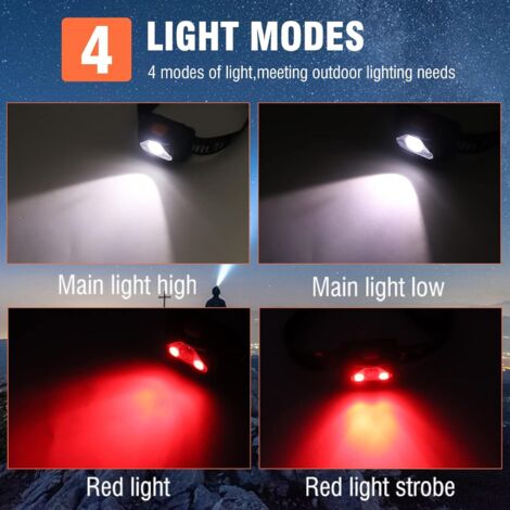 H09 Lampe Frontale LED Rouge Torche Frontale 4 Modes d'éclairage Etanche et Léger Pour Enfants Adultes Camping Running Randonnée Course，3 Piles AAA Inclus [Classe énergétique G]