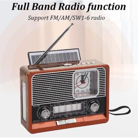 Radio rétro à ondes courtes portable AM FM radio vintage à piles avec haut-parleur Bluetooth, radio solaire rechargeable, lecteur de disque USB carte TF, grand bouton de réglage for la maison