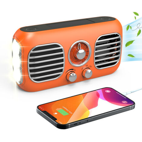 Radio d'urgence avec ventilateur portable, radios météo AM/FM/WB avec sirène SOS, manivelle/panneau solaire/4000 mAh/banque d'alimentation/bouton rotatif/récepteur rétro rechargeable avec (1/5)