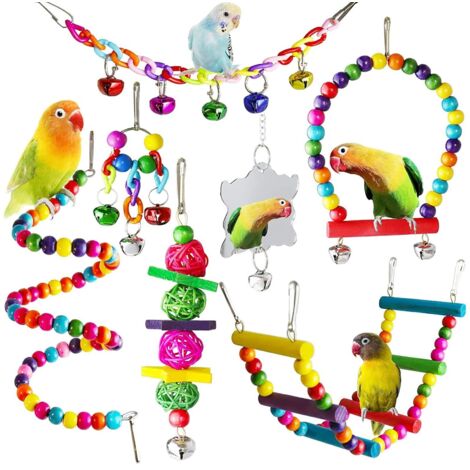 Lot de 7 Jouet Perroquet en Bois Naturel Jouets pour Perroquets pour Oiseaux Jouet Oiseaux Colorés avec Cloches Jouets à Mâcher pour Oiseaux pour Birdie, Perroquet, Pinsons, Perruches (1/5)