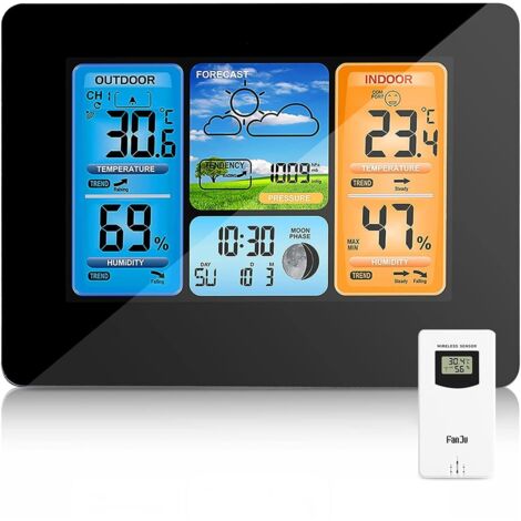 Station Meteo, Horloge Thermomètre Stations Météo Intérieures et Extérieures sans Fil Intérieur Extérieur humidité () Station Météo Numérique sans Fil LCD (Unisexe - Noir) (1/5)