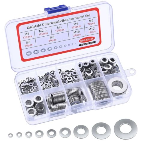 Ensemble assorti de rondelles en acier inoxydable avec 9 tailles - 684 pièces, rondelles plates et rondelles de sécurité (1/5)