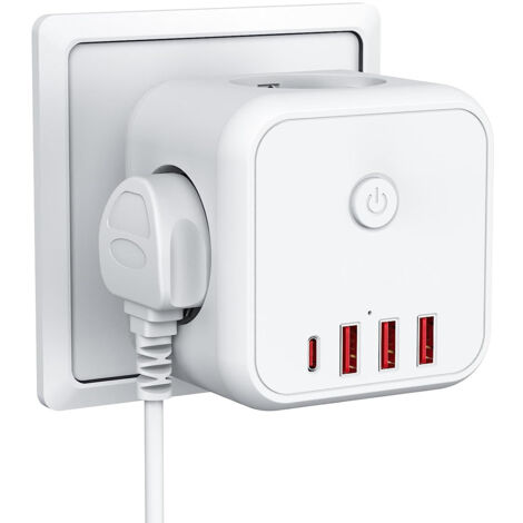 4000W Multiprise Murale USB 7-en-1 avec Ports de Recharge Rapide USB PD 20W, Adaptateur Secteur Compact avec Interrupteur et Alimentation Indicateur, 3 Sorties AC 4000W, 1 Type C et 3 Ports USB (1/4)