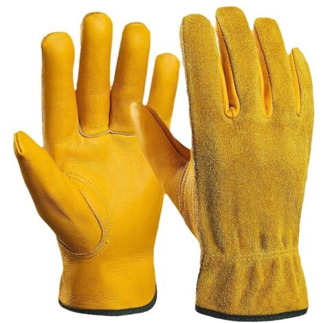 Gants de travail pour hommes et femmes, résistants aux épines, respirants, gants de jardinage à écran tactile, cuir résistant, paume souple rembourrée (JAUNE, L) (1/5)