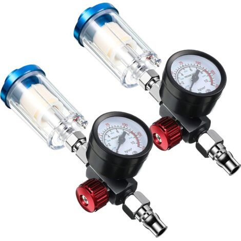 Honoson 1/4 pouce vanne de régulation d'air avec manomètre et filtre à piège à eau, 2 paquets, séparateur d'huile régulateur de compresseur de pression d'eau pour nettoyeur de pistolet de peinture à p (1/5)
