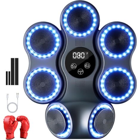 Machine De Boxe Musicale Enfant – Bluetooth, 9 Modes & Vitesses, Écran LED, Lumières Colorées – Installation Murale Sans Percer, Gants Inclus