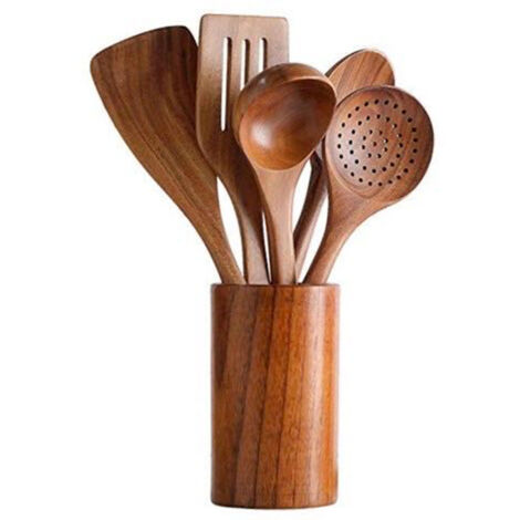Lot de 6 ustensiles de cuisine en bois d'acacia – Spatules anti-rayures et durables pour ustensiles de cuisine antiadhésifs – Spatule en bois écologique et ergonomique et support de poêle
