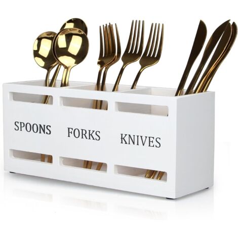 Porte-couverts en bois, blanc, porte-couverts, porte-ustensiles de cuisine pour fête, en bois, couverts, organisateur, récipient de rangement de comptoir, porte-cuillère et fourchette, couverts, panie (1/5)
