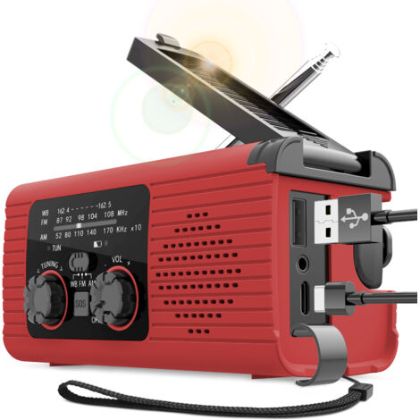 Radio à manivelle solaire, radio à manivelle solaire – Radio à manivelle AM/FM/NOAA alimentée par batterie, radio de survie, lampe de poche, radio d'alarme SOS à chargement 3 voies
