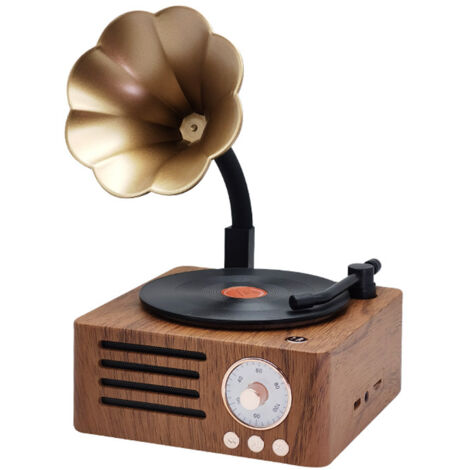Enceinte Bluetooth rétro 3 en 1 – Radio, AUX, gramophone vintage – Pavillon en cuivre pour son immersif – Design compact pour intérieur