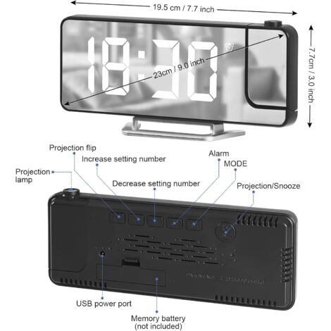 Réveil Projecteur Plafond Cuteefun - Horloge LED Miroir Avec Projection 180°, Température, Snooze, Mode Nuit, USB