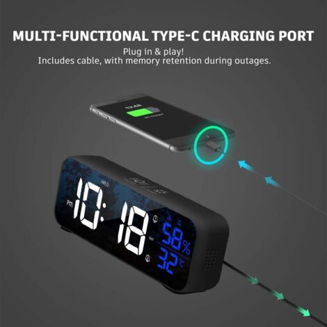 Jsdoin Réveil Numérique LED Avec Température, Capteur Lumineux Et Alarme Progressive Snooze - Parfait Pour Chambre, Bureau Et Cuisine