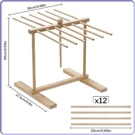 Séchoir à Pâtes En Bois Naturel – Grand Support Pliable 12 Tiges + Barre De Transfert – Idéal Pour Pâtes Fraîches, Linguine, Lasagnes