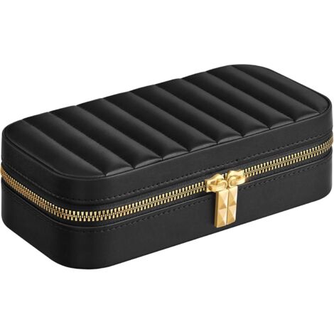Collection JBC180B01 Boîte à bijoux de voyage, petit organisateur de bijoux avec miroir, 10,5 x 20,5 x 6 cm, surface en PU avec coutures, portable, fermeture éclair, idée cadeau, noir encre (1/5)