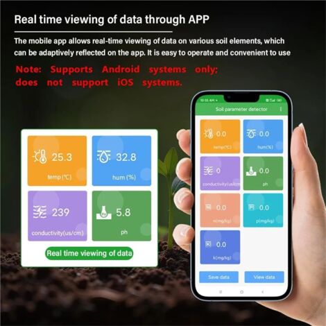 Testeur De Sol 7 En 1 USB Numérique - Humidité PH NPK Température Conductivité - Compatible App Android - Câble 1.5m