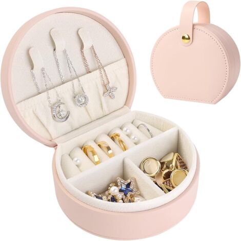 Boîte à bijoux, boîte à bijoux de voyage pour femme, mini boîte à bijoux, organisateur, coffret cadeau en cuir PU pour bagues, boucles d'oreilles, colliers pour femmes et filles - Rose vif (1/5)