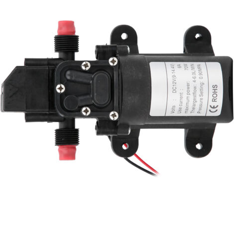 Pompe à eau 12V pour camping-car, 72W, débit 6L/min, pression 0.9MPa, raccord fileté G1/2, parfaite pour véhicules et extérieur.