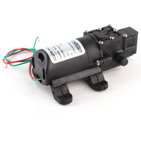 Pompe à diaphragme 12V 72W, débit 6L/min, pression 0.9MPa, sortie droite, usage domestique et professionnel.
