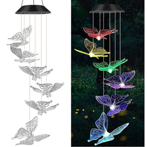 carillon Olien Papillon Transparent Nergie Solaire Pour L'extrieur, Lumire Colore Libellule Carillon Olien Avec Cloche Dcoration De Jardin Led Su (1/5)