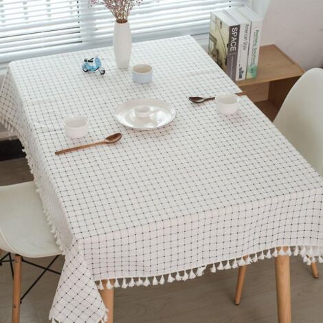 nappe  Carreaux Blancs Et Bleus (bleu Et Blanc 140140cm) Nappe Coton Et Lin Nappe Pompons Nappe Rectangulaire, Nappe Anti-poussire (1/5)