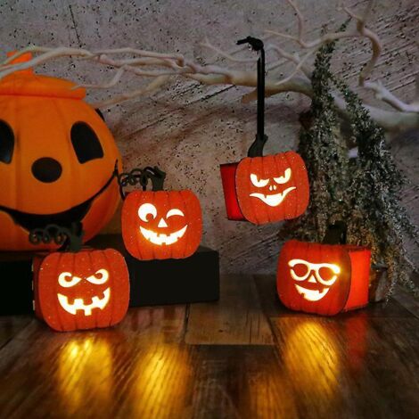 ensemble De 4 [5,5  7,5  6,5 Cm] Lanterne Citrouille D'halloween Veilleuse Portable Lanterne D'halloween Pour Enfants Accessoires De Dcoration (1/5)