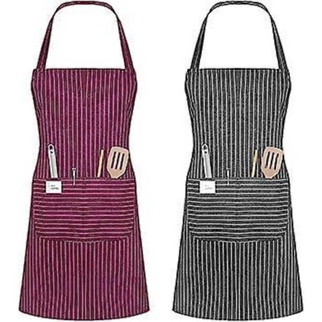tablier De Femme Avec Poches, 2 Pices Ajustables Tablier De Chef En Coton Rayures Brunes Et Grises Pour La Cuisine, Les Grillades, La Ptisserie, (1/5)