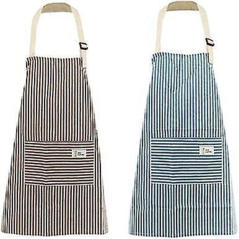 tablier De Femme Avec Poches, 2 Pices Ajustables Tablier De Chef En Coton Et Lin Rayures Bleu Et Caf Pour La Cuisine, Les Grillades, La Ptisserie (1/5)