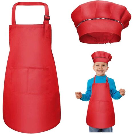 ensemble Tablier Et Chapeau De Chef Pour Enfants, Tablier De Cuisine Rglable Avec 2 Poches Pour Filles Garons, Tablier De Chef De Jardin Pour Tout (1/4)