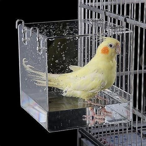 baignoire Pour Oiseaux En Acrylique Transparent 13 11 13 Cm, Baignoire Pour Oiseaux Suspendue, Accessoire Pour Cage Oiseaux Avec Crochets Con (1/5)