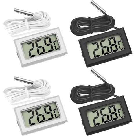 4 Pcs Mini Digital Lcd Thermomtre Temprature (2x Noir 2x Blanc) Avec Sonde De Temprature Capteur Testeur Pour Rfrigrateur Conglateurs Aquarium (1/5)