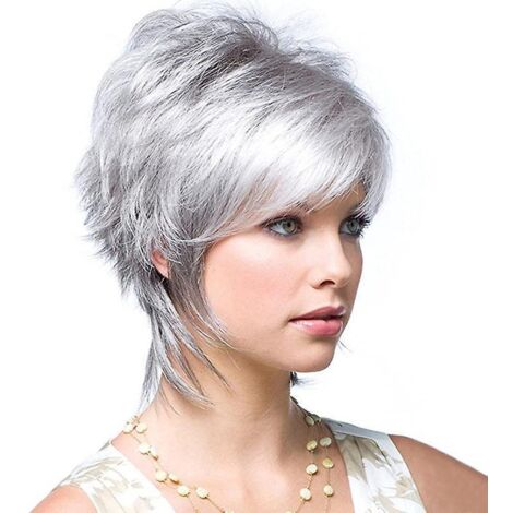 perruque Courte Avec Franges Inclines Gris Argent, Perruque Synthtique Pour Femmes (1/5)
