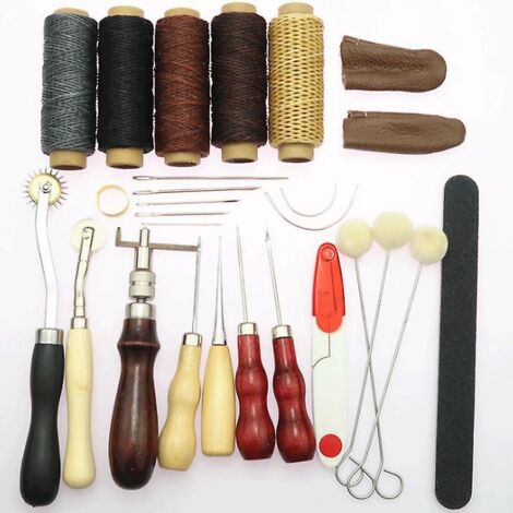 26pcs-cuir Outils Kit De Rparation  La Main Artisanat Cuir Fil Cir 8 Couleur Avec Aiguilles  Coudre Ciseaux Ruban  Mesurer Pour Cuir De Couture Ch (1/5)