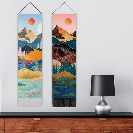 lot De 2 Tapisseries Scne De Montagne - 32.5x130cm Peint Soleil Rouge Dcoration Murale Japonaise Clair De Lune Couchers De Soleil Paysages Naturel (1/5)