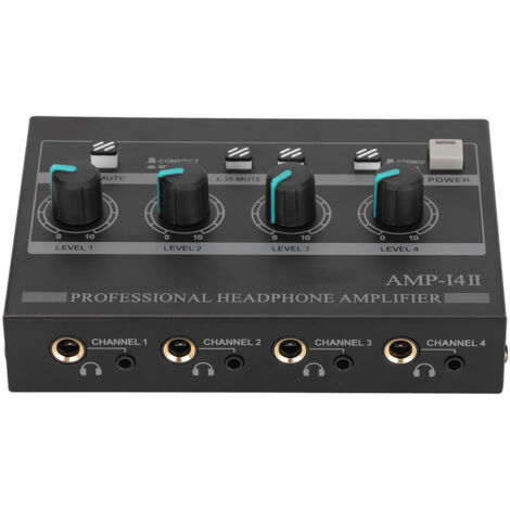 L'AMP-14II est un amplificateur de casque compact à quatre canaux avec adaptateur secteur 12 V 2 A, idéal pour les studios d'enregistrement et les performances scéniques. Il supporte une tension de 10 (1/5)